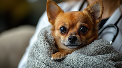 Small dog wrapped in a towel being held by a person.