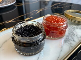 There are two jars of black and red caviar on a marble table