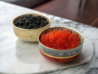 There are two jars of black and red caviar on a marble table