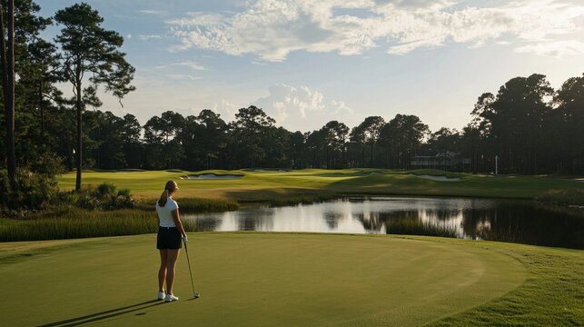 A dedicated golfer stands poised on the green, carefully aligning her putter for a decisive shot. The calm waters reflect the evening light as trees frame the picturesque backdrop