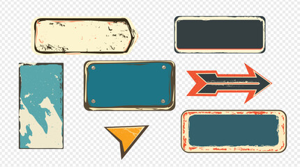 Set of vector stickers isolated from background. Scratchy signs with rust marks and space for your text. Old worn arrows of different shapes. All stickers in grunge style.