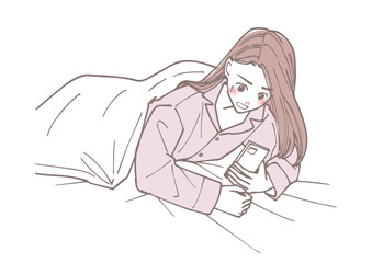 朝起きて携帯を見て慌てている女性