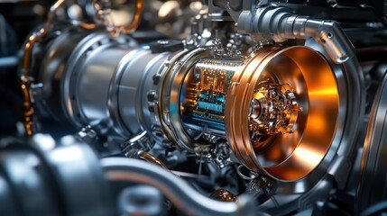 Hybrid engine close-up, factory setting, intricate mechanics, automotive technology, advertising