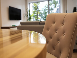 beige tufted chair at a round wooden table in a modern living room