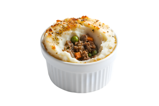 Creamy Mashed Potato Topping Shepherd's Pie in White Ramekin