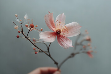 Obraz premium A person’s hand holding a single flower, set against a soft white background, minimalist style.