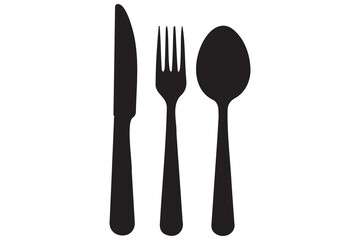 Simple black silhouette of a knife, fork, and spoon
