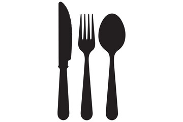 Simple black silhouette of a knife, fork, and spoon
