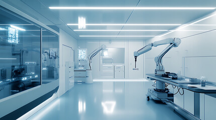 A robotic arm in an AI managed cleanroom, assembling parts for robots used in the creation of autonomous medical diagnostic tools, Health-tech style
