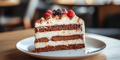 Delicious dessert cake served on a white plate garnished with fresh berries. Header banner mockup with copy space.