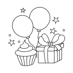 Black and White Illustration of Balloons, Cupcake, and Gift Box Celebrations