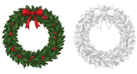 Holiday Wreath: Festive holiday wreath with red bow and berries. Capturing the holiday spirit and decorations.