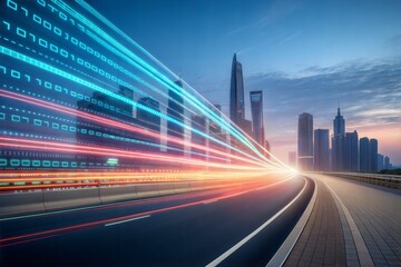 Fototapeta premium Abstract Digital Data Stream with City Lights Blur 