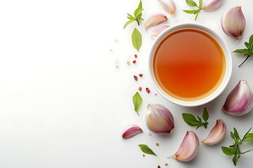 White garlic sauce in a small bowl, with garlic cloves or bulbs beside, placed in one corner on a white background