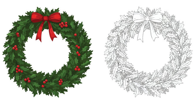 Holiday Wreath: Festive holiday wreath with red bow and berries. Capturing the holiday spirit and decorations.