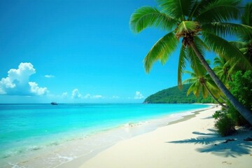 Fototapeta premium Sunny beach landscape with palm trees and crystal clear waters, serene, beach