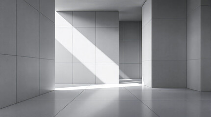 sunlit modern interior with grey square tiles