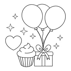 Black and White Illustration of Balloons, Cupcake, and Gift Box Celebrations