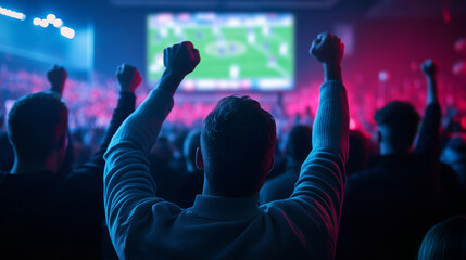 Dark ambient lighting with colorful neon signs illuminating the room as a group of men cheer and watch a football game unfold on the big screen in the sports bar