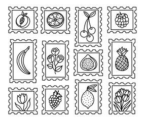 Lovely black and white set of doodle postage stamp with image of summertime tropical fruits and springtime flowers. Retro airmail postmarks. Trendy trip postal labels with rose, peach, grape.