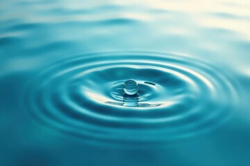 Calming ocean surface with a clear water drop and circular waves, serene scene, blue waters