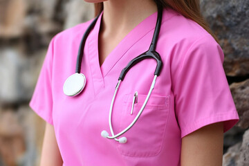 Nurse demonstrating compassion in a healthcare setting with a stethoscope and pink scrubs