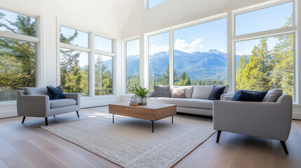 Fototapeta premium Spacious contemporary living room with large windows allowing natural light to fill the room, neutral tones on the walls, sleek modern furniture, and a cozy wooden floor finish, cr