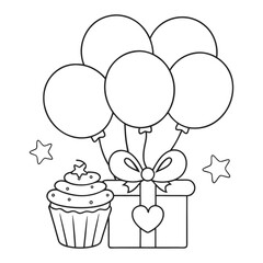 Black and White Illustration of Balloons, Cupcake, and Gift Box Celebrations