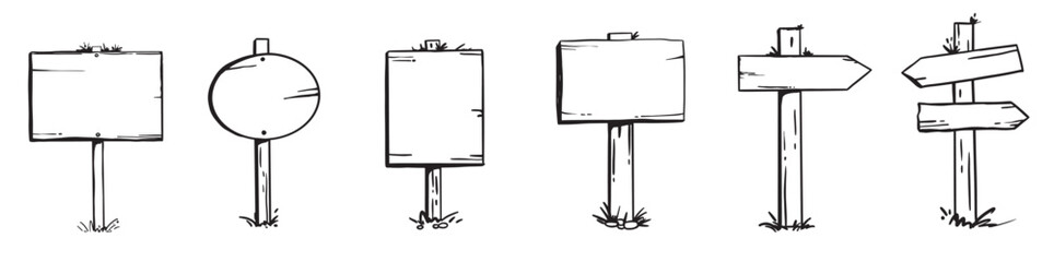 Signboard panel blank hand drawn direction wooden  street elements. Guide line travel arrow old banners in sketch doodle simple style. © Alina Nikitaeva