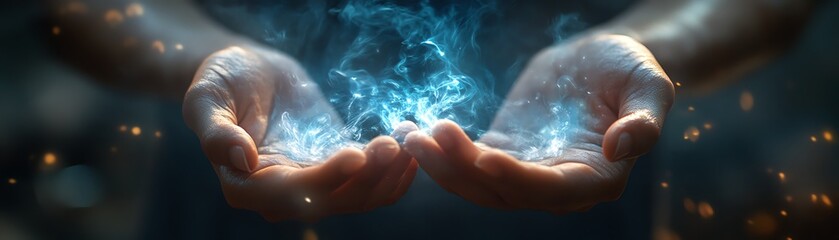 Hands forming a sacred mudra illuminated by an ethereal glow, symbolizing spirituality and enlightenment.