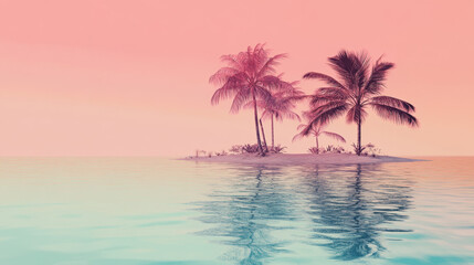 Fototapeta premium Scenic tropical island with tall palm trees surrounded by calm water under pink sunset sky ideal for travel vacation relaxation nature scenes