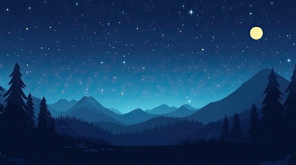 Pixel Art Night Landscape: Silhouetted Mountains and Trees Under Starlit Sky