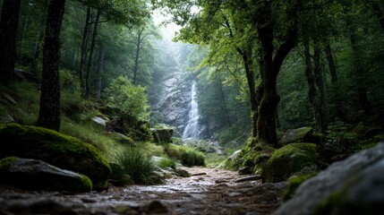 Obraz premium Scenic Waterfall View Through Lush Green Forest with Mossy Rocks