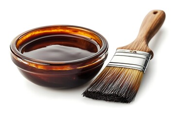 Thick brown barbecue sauce in a small bowl with a basting brush beside