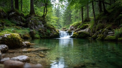 Discovering a Tranquil Waterfall in Lush Green Forest Creek Scenery