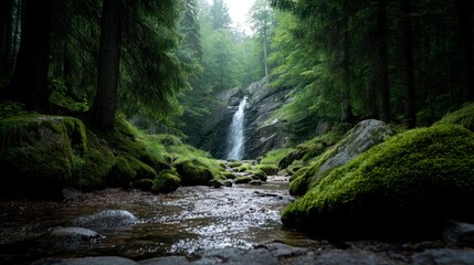 Obraz premium Scenic Waterfall Flowing Through Lush Green Forest with Mossy Rocks