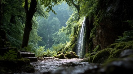 Scenic Waterfall Flowing in Lush Green Forest with Mossy Rocks