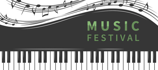 Music festival or concert poster. Piano with notes. Vector horizontal banner for music events. © Tatiana Bass