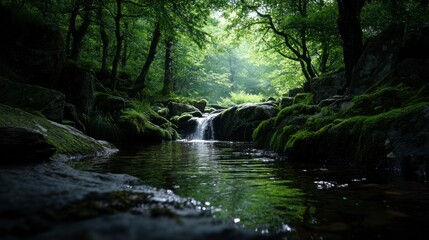 Obraz premium Flowing Stream and Waterfall in Lush Green Forest Landscape Scene