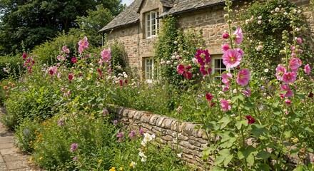 Obraz premium Charming flower garden with pink hollyhocks beside a stone house 