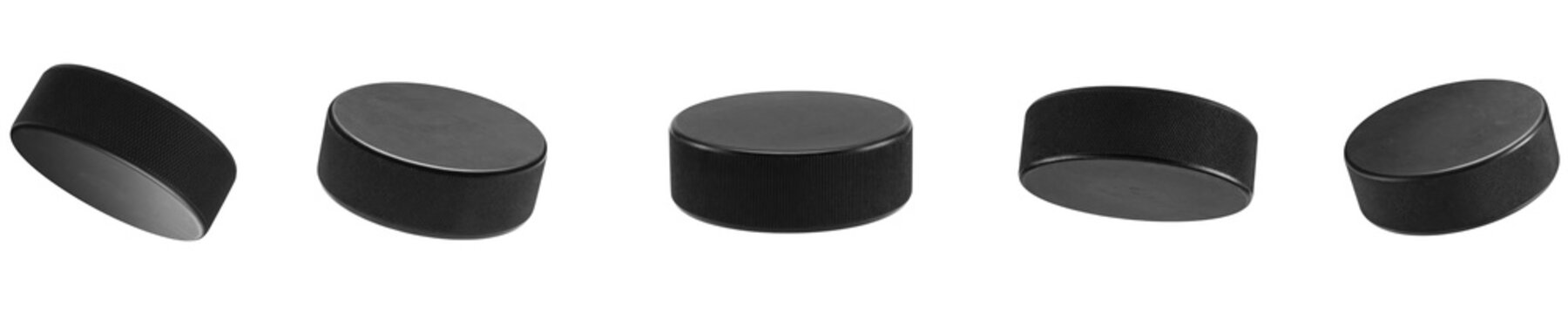 Hockey pucks set close up,  various angles, texture and lighting, black rubber, professional sport gear, winter game. Isolated on white or transparent  background