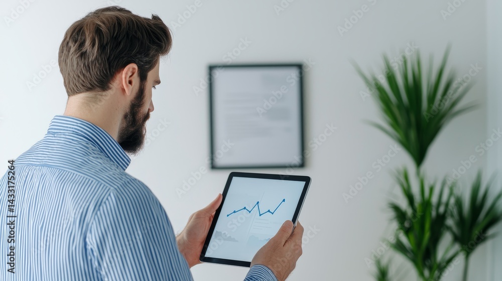 Aufkleber man analyzing business data on a tablet in a modern office environment.