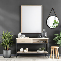 modern console table with plants and decorative objects