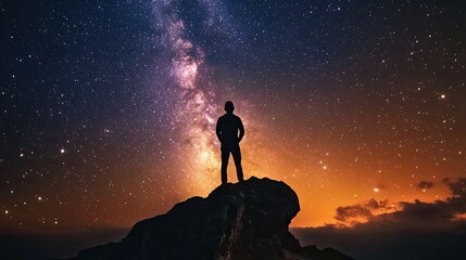 Fototapeta premium Silhouette of a Man on a Mountaintop Under a Starry Night Sky with the Milky Way