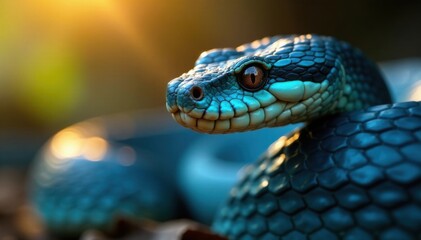 Obraz premium Scales glisten in sunlight as blue viper snake raises head, eyes alert, snake species, facial expression