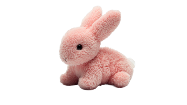 Pink bunny toy with big ears and a smile