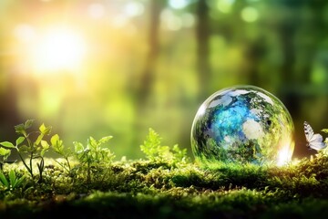 Crystal sphere of earth nestled in verdant moss.
