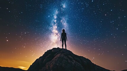 Fototapeta premium Silhouette of a Person Standing on a Mountaintop Under a Starry Night Sky
