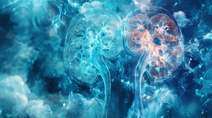 Obraz premium Vibrant digital illustration of human kidneys with detailed internal structures glowing with neon blue and orange highlights in a cosmic abstract background