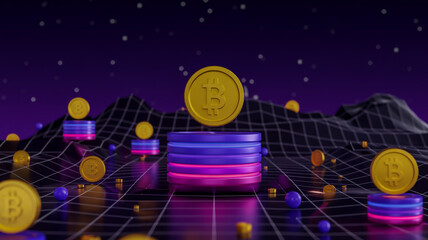 Cryptocurrency coins floating over a digital landscape, futuristic neon colors